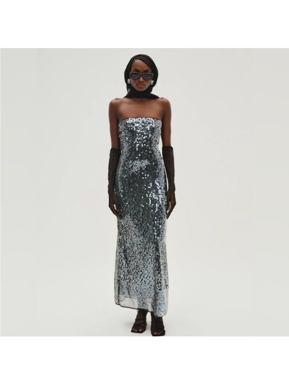For Love & Lemons Silver Sequin Strapless Maxi Dress